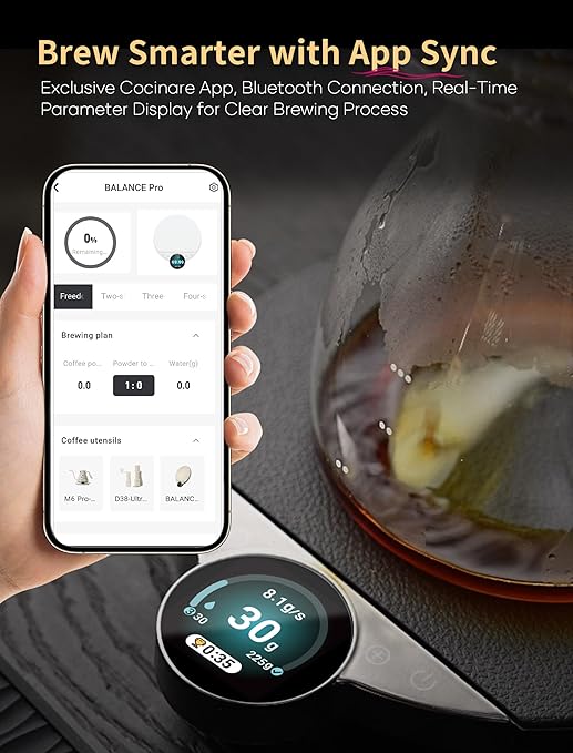Cocinare Balance Pro 0.1g Precision Coffee Scale, 3.5kg Digital with Timer Kitchen Scale for Coffee & Food, App Control (Black)