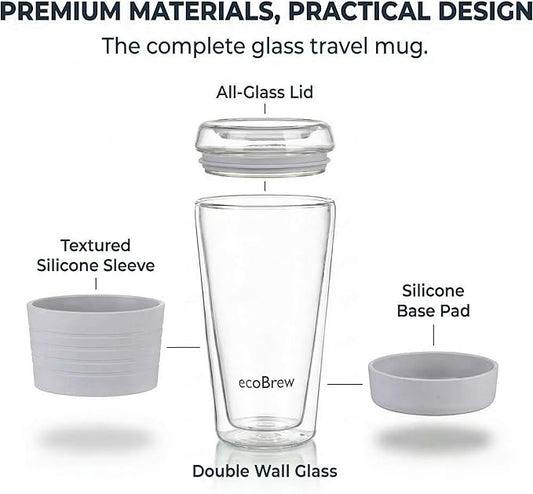 16oz Double Wall All Glass Tumbler with Lid, Dishwasher Safe & Microwavable Glass Travel Mug, Clear Coffee Tumbler To Go, Reusable Ceramic Cup for Hot & Cold Drinks