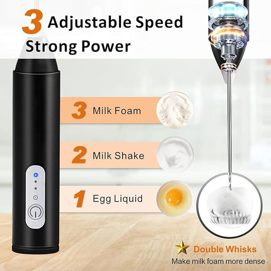 Rechargeable Milk Frother, Handheld Drink Mixer Electric Foam Maker for Coffee with Stainless Steel Whisk & 3 Speeds, USB-C Coffee Frother Wand for Cappuccino, Latte, Matcha, Protein Powder (Black)