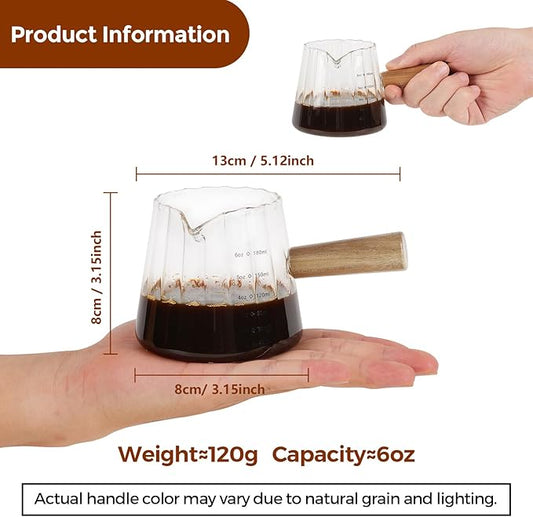 YARRAMATE 2 Pack 6 oz/180ML Glass Measuring Cup with Wooden Handle – Espresso Shot Cups, Ribbed Milk Frothing Pitcher, Dual Scale Markings, V-Shaped Mouth for Easy Pouring, Dishwasher Safe