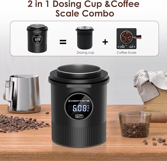 Homtone Coffee Dosing Cup with Scale, Rechargeable Espresso Scale, 0.05g Precision – Multi-Purpose for Espresso, Drip Coffee, French Press, Spices & More – Compatible with 58mm Portafilters (BLACK)