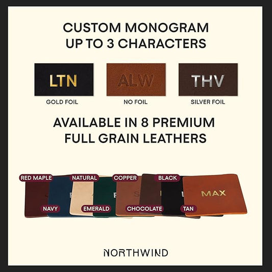 Northwind Personalized Leather Coasters – Set of 4 Full-Grain Leather 4” Square Drink Coasters with Custom Engraved Monogram Initials – Stylish Home Décor for Weddings and Holidays