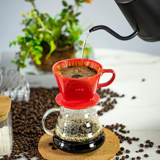 Pour Over Ceramic - Coffee Dripper Ceramic Coffee Maker with 3 Holes Flat Bottom, Porcelain Slow Filter Cone for Travel, Camping, Office, Home, Coffee Maker Brew, Red