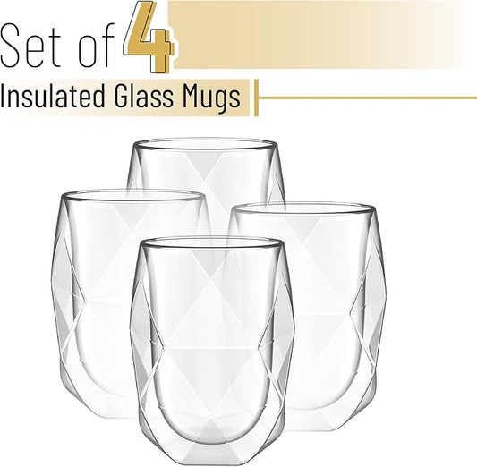 BTaT- Double Walled Glasses, 4 Pack, 12 oz (350 ml), Insulated Diamond Shaped Glass Cups, Double Wall Drinking Glasses for Iced Tea, Juices, Water, Cocktails, Hot and Cold Beverages