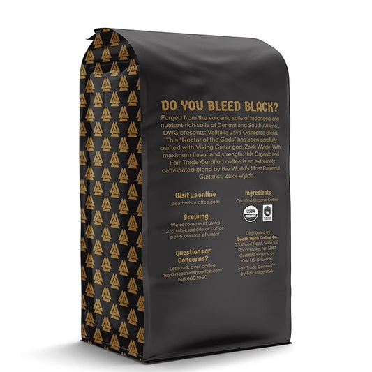 Death Wish Coffee, Valhalla Java Dark Roast Grounds - Extra Kick of Caffeine - 5 Lb. - Bold & Intense Blend of Arabica Robusta - USDA Organic - Strong Coffee for Morning Boost