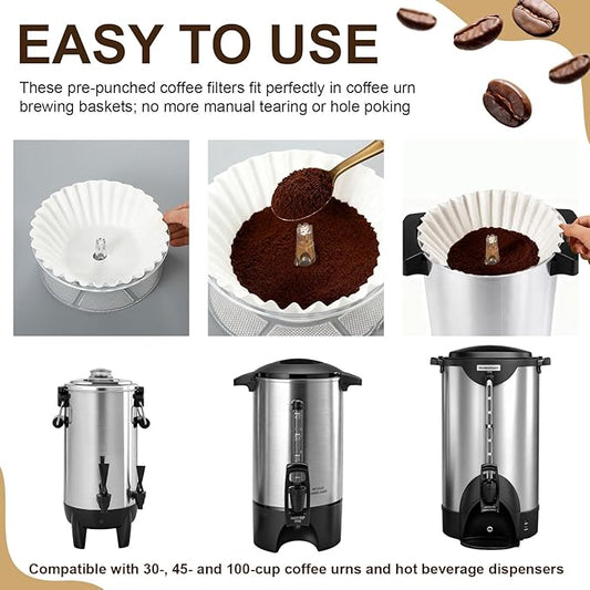 Feifeiya 100 Pcs Pre-punched Holes Coffee Filters for 30cup 45cup 100 Cup Coffee Urn Brewing Basket & Hot Beverage Dispenser Disposable Natural Wood Pulp Paper Filters with Tall-sided Design(White)