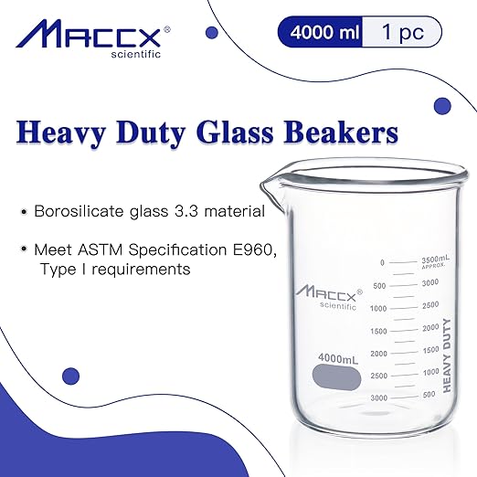 170oz(4000ml) Sturdy Glass Beaker, Heavy-Duty Lab Beaker, 3.3 Borosilicate Low Form with Printed Graduation, HDBK4K0-001