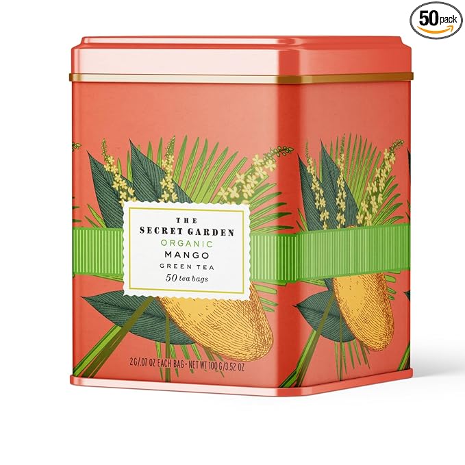 Life Plus Style Gourmet Secret Garden Organic Mango Green Tea Naturally Caffeinated Sugar-Free Non-GMO USDA Certified Premium Tea Tropical Fruit 50 Tea Bags Gift Tin