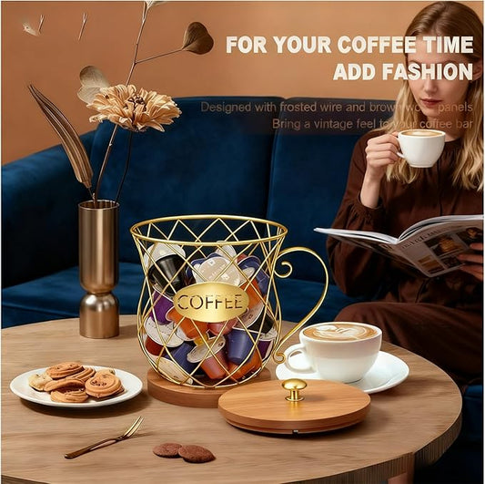 Coffee Pod Holder with Lid -Coffee Creamer Holder Large Capacity Holder for k Holder Organizer for Counter - Coffee Decor Station for Pods, Espresso, Capsules, Creamer, (Gold-HH)
