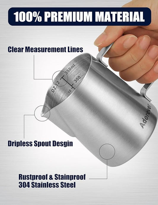 Adorever Milk Frothing Pitcher, 12oz Stainless Steel Milk Frother Cup Steaming Pitcher, Cappuccino Espresso Accessories Coffee Bar Barista Tools, Steamer Cup Milk Jug with Latte Art Pen, Matte Steel