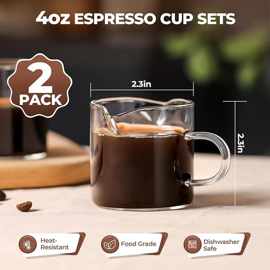 Espresso Cups Set of 2, 4 Oz Espresso Shot Glass with Handle Double Spout Cups Clear Glass Milk Cup Coffee Accessories Great for Making Coffee Desserts Salad Dressing