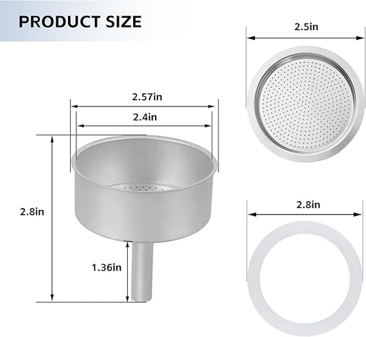 Espresso Maker Filter Basket,moka pot 6 cup Replacement Funnel,moka pot filter For Mocha Coffee Maker Pot with 1pcs Filter and 1pcs Silicone Gasket Seals