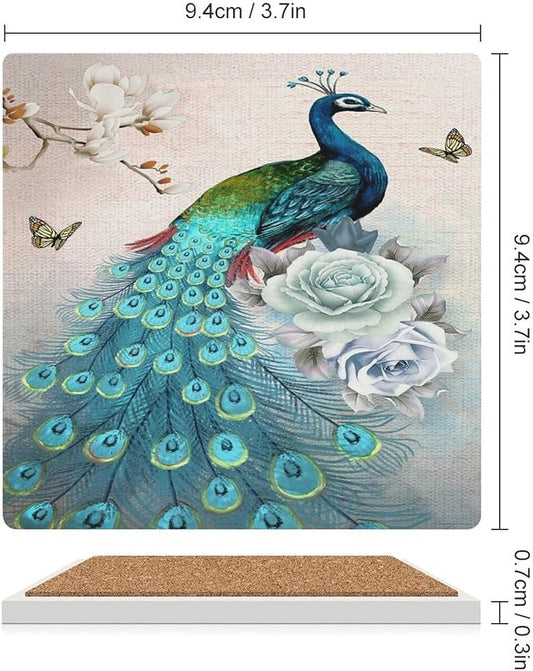 Peacock Drink Coasters, Square Ceramic Drink Coaster Square-6PCS, Vintage Tree Branch Beautiful Teal Peacock Floral Decor Absorbent Ceramic Coasters for Beverage Cup, Bar, Coffee Table