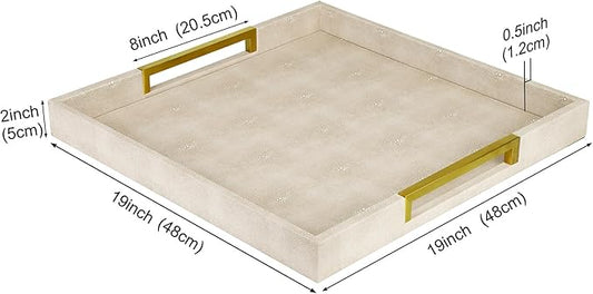 HofferRuffer Faux Leather Serving Tray with Gold Metal Handles, Stylish Decorative Tray Organizer for Coffee Table, Ottoman, Home Decor and Serving (LightGrey Shagreen, 18.9" x 18.9" x 2")