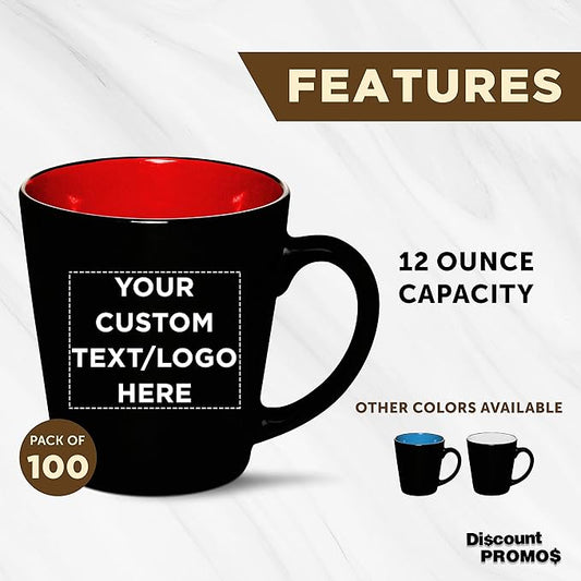 Custom Ceramic Coffee Latte Mugs 12 oz. Set of 100, Personalized Bulk Pack - Perfect for Coffee, Tea, Espresso, Hot Cocoa, Other Beverages - Red