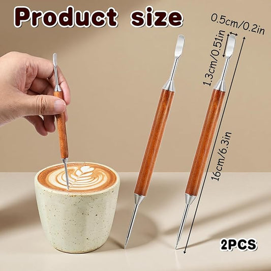 2 Pack Latte Art Pen, Stainless Steel Coffee Drawing Tool with Wood Handle, Barista Tools for Espresso Designs, Home and Cafe Use