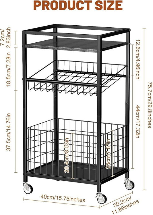 Fruit Vegetable Cart, 3-Tier Snack Kitchen Cart on Wheels & Wood Top, Utility Shelf Rack Organizer for Fruit, Vegetables, Potato, Snack, Black
