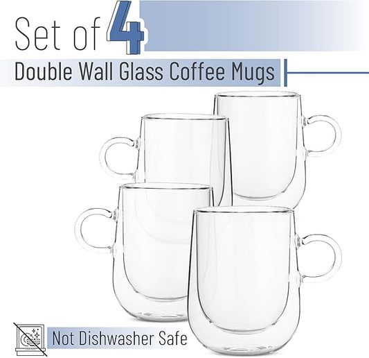 BTaT- Double Walled Glass Coffee Mugs, 8 oz, Set of 4, Glass Coffee Cups with Handle, Insulated Clear Coffee Mug for Hot and Cold Beverages, Cappuccino, Latte, Tea, Americano, Microwave Safe