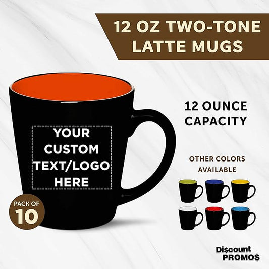 Custom Ceramic Coffee Latte Mugs 12 oz. Set of 10, Personalized Bulk Pack - Perfect for Coffee, Tea, Espresso, Hot Cocoa, Other Beverages - Orange