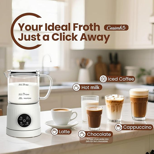 4-in-1 Milk Frother, Electric Milk Frother and Steamer with LED Touch Screen, Ceramic Lining Bottom, Milk Warmer 13.52oz for Lattes, Cappuccinos, and Macchiatos at Home, White