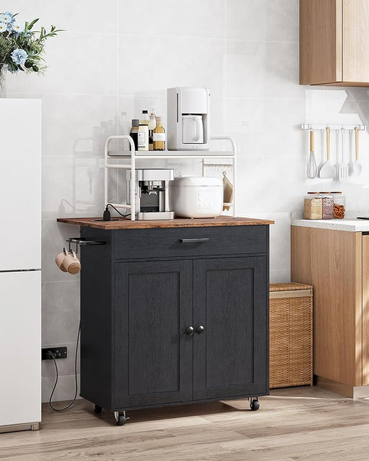Kitchen Island, Kitchen Island Cart with One Double Cabinet and Drawer, Rolling Storage Cart with Power Strip, with Drop Leaf, for Kitchen, Living Room, Black and Rustic Brown MZD01UBFN1
