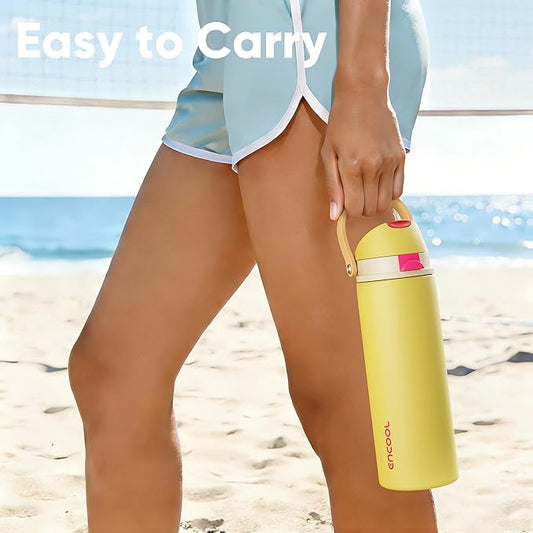 Insulated Water Bottle with Straw - Encool Stainless Steel Water Bottle with Push Button Lid, Leak-Proof & BPA-Free, Keeps Cold for 24 Hours for Sports, Travel, Gym (32 oz, Ginger)
