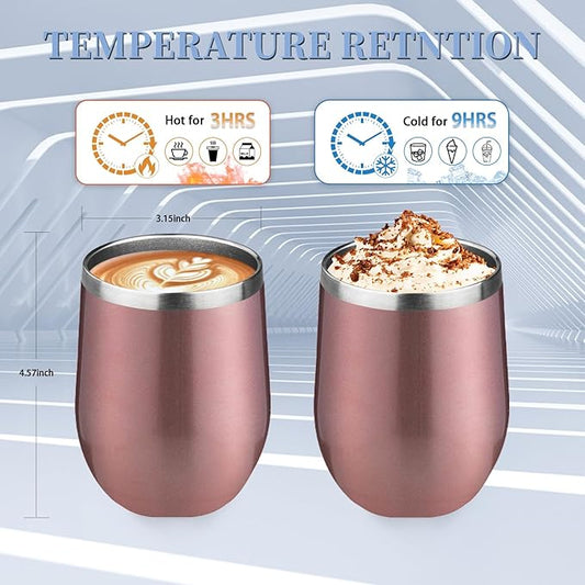 12oz Wine Tumbler with lid, Stainless Steel Travel Mugs Stemless Double Wall Insulated Coffee Cup, Insulated Wine Glasses Travel Tumbler for Cold & Hot Drinks(Rose Gold, 1)