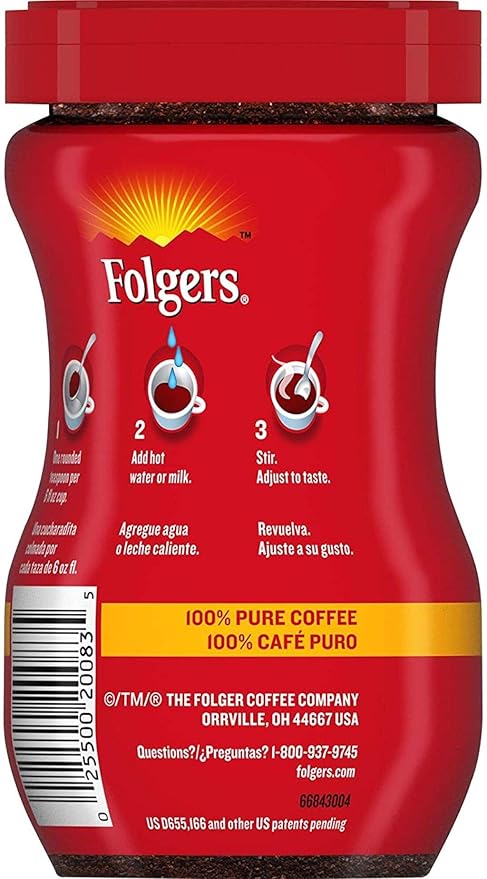 Folgers 20083 Classic Roast Instant Coffee Crystals, 3 Ounces, 100% Pure Coffee, Medium Roast, Easy-open Flip Top Lid, Portable Plastic Jar, Pack of 12