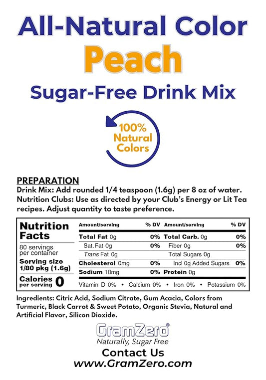 GramZero Peach Zero Calorie Sugar Free Drink Mix, Great For Nutrition Club Loaded Teas, Stevia Sweetened