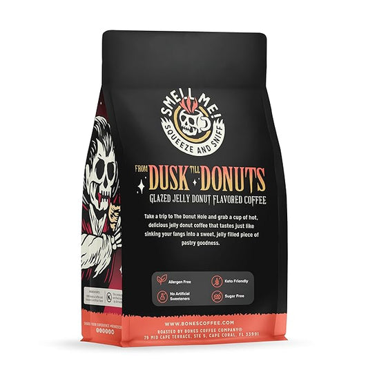 Bones Coffee Company From Dusk Till Donuts Jelly Donuts Flavored Coffee, Medium Roast Low Acid Arabica Beans Compatible with Auto drip and French Press Coffee Maker, 12 Oz Whole Bean