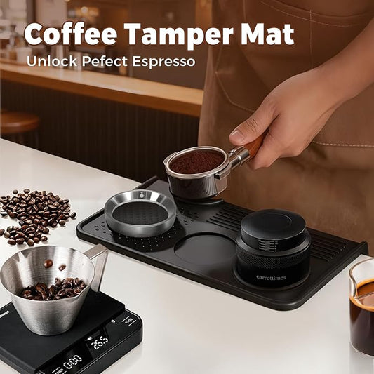 CARROTTIMES Espresso Tamper Mat, 10.43″×5.63″ Food Grade Silicone Coffee Tamping Mat for Barista, Espresso Machine, Multi-Slot Design for Portafilter&Accessories,7mm Thickened Pad for Counter