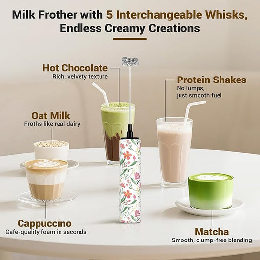 Milk Frother Handheld Rechargeable - 2-Speed Electric Whisk with 5 Detachable Heads (Frother/Mixer/Whisk) for Coffee, Latte, Cappuccino & Matcha, Drink Mixer (Flower 16)
