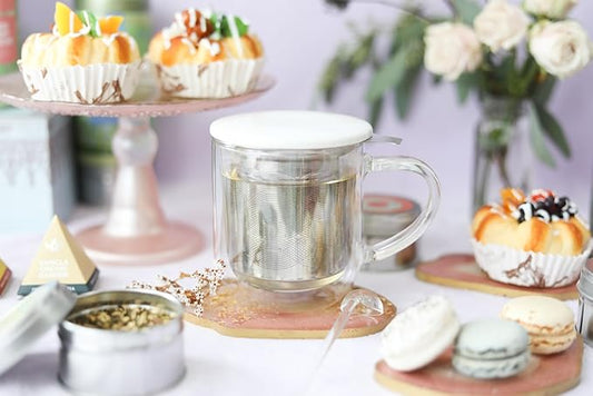 Teabloom Tea-For-One Steeping Mug – Insulated Double Wall Glass Mug (12 oz), Stainless Steel Infuser, Porcelain Lid/Coaster – Radiance Brewing Mug