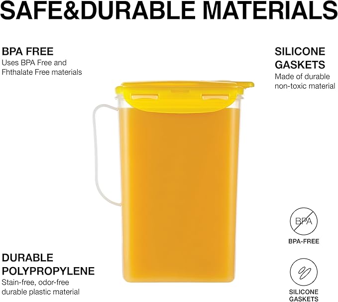 LocknLock Aqua Fridge Door Water Jug with Handle BPA Free Plastic Pitcher with Flip Top Lid Perfect for Making Teas and Juices, 2 Quarts, Yellow
