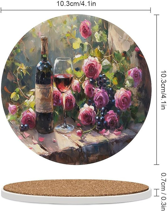 Round-6PCS Red Wine Drink Coasters, Round Modern Ceramic Absorbent Coasters, Oil Painting Vintage Red Wine Flower Grapes Rose Floral Decor Desk Coffee Table Coaster for Beverage Cup Tea Coasters