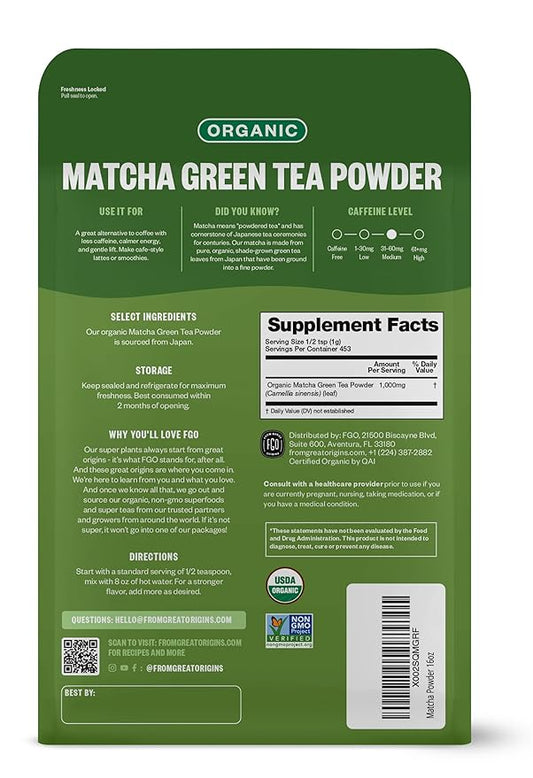 FGO Organic Matcha Green Tea Powder, Japanese Culinary Grade for Cooking, Baking, or Smoothies, 16oz Bulk Resealable Bag, Packaging May Vary (Pack of 1)