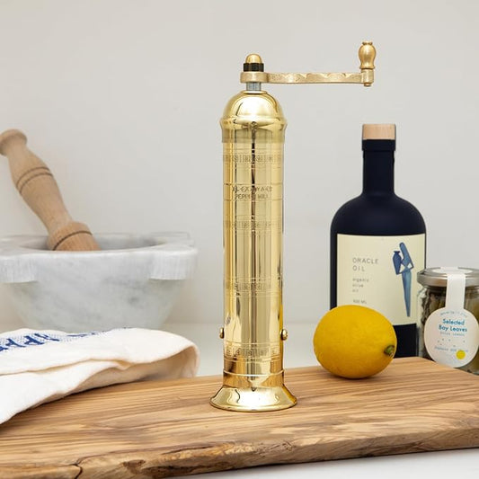 Original Greek Pepper Mill, 9-Inch Brass – European Manual Pepper Grinder, Refillable, with Polishing Cloth