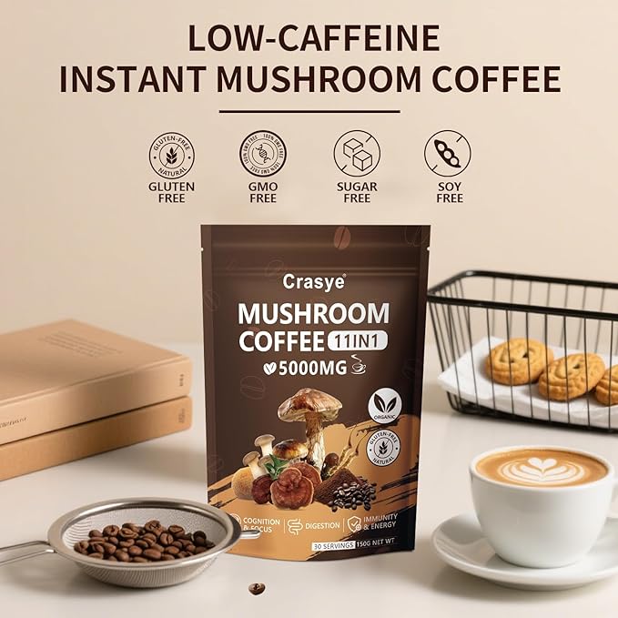 Organic Low Caffeine Mushroom Coffee 11 Superfood Instant Mushrooms Coffee with Ashwagandha, Shilajit, Lion's Mane, Reishi, Chaga & Collagen Arabica Coffe Powder Ground for Focus, Energy, Digestion and Immunity 30 Servings Cafe De Hongos