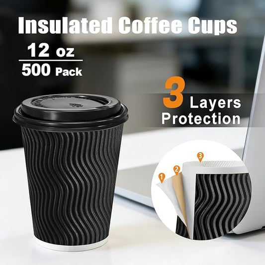 BYSNOW 500 Pack 12 oz Coffee Cups with Lids, Disposable Insulated Hot Cups To Go Paper Coffee Cups, Corrugated Ripple Wall Cup for Hot Drink, Office, Coffee Bar (Black 12 oz)