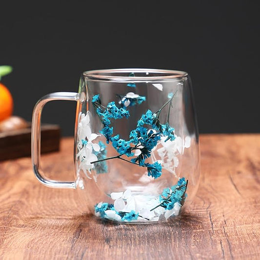 Dried Flowers Insulated Glass Double Wall Coffee Mug With Handle 250ml/390ml Transparent Double Glases Flower Tea Cup Latte Coffee Cup Borosilicate Glass Tea Mug