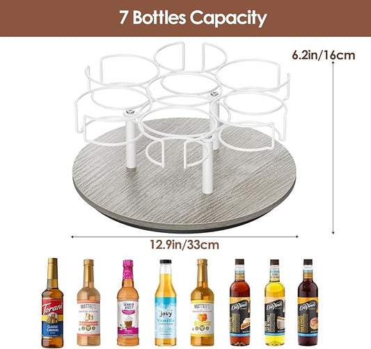 Kssiaz Rotating Coffee Syrup Organizer, 7 Bottles Coffee Syrup Rack for Countertop Syrup Bottle Holder Stand for Coffee Bar Station, Carbon Steel Frame with Wooden Base Coffee Bar Accessory, White