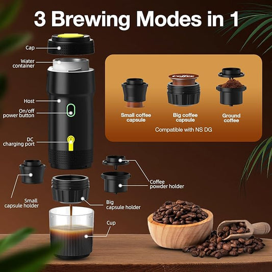 LumoShine Portable Electric Espresso Machine,Travel Coffee Maker for Camping,Car Coffee Maker Self-Heating with USB-DC, Compatible with Ground Coffee & Capsule for Hiking,Office,RV (Black)