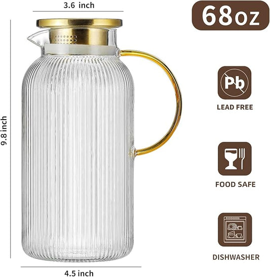 2 PACK Glass Pitcher with Lid, 68 oz/ 2 Liter Classic Vertical Stripes Water Pitcher with Yellow Handle,Glass Water Carafe for Cold Brew, Coffee, Lemonade, Iced Sun Tea,Beverage,Heat Resistant