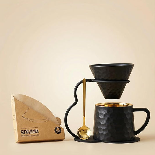 Pour Over Coffee Maker set,Ceramic Coffee Maker With V60 40 pcs Paper Filter,Metal Stand 9oz 270ml mug Pour Over Coffee Dripper black