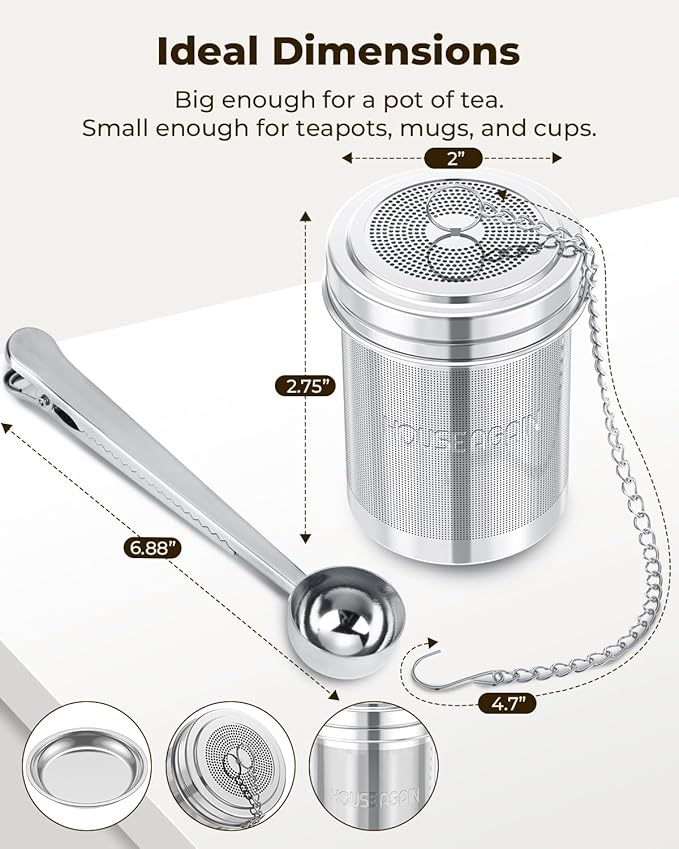 House Again Large Tea Infuser with Scoop, Extra Fine Mesh Tea Strainers for Loose Tea & Spice Infuser for Cooking, 304 Stainless Steel, Loose Leaf Tea Steeper for Brew Tea Spices & Seasonings
