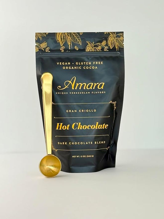 Amara Unique Venezuelan Flavors. Hot Chocolate "Gran Criollo" Dark Chocolate Blend 12 oz Bag with Golden Measuring Scoop & Clip Multi Fuction.