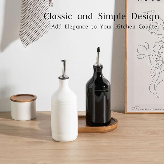 Sweejar Ceramic Olive Oil Dispenser Bottle Set, Opaque Oil Cruet Protects to Reduce Oxidation, Suitable For Storage Of Vinegar, Soy Sauce & Other Liquids,Pack of 2,15.5 Fl Oz(White Black)