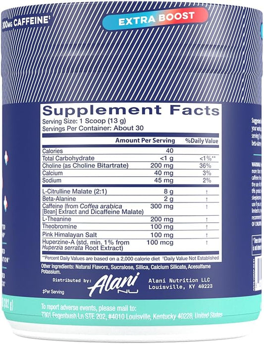 Alani Nu Pre Workout+ Powder Rocket POP, Extra Boost, Sugar Free, 300mg Caffeine, L-Theanine, Beta-Alanine, Citrulline, 30 Servings