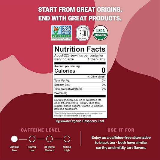 FGO Organic Red Raspberry Loose Leaf Herbal Tea, Cut and Sifted, Caffeine Free, 16oz Bulk Resealable Pouch, Packaging May Vary (Pack of 1)
