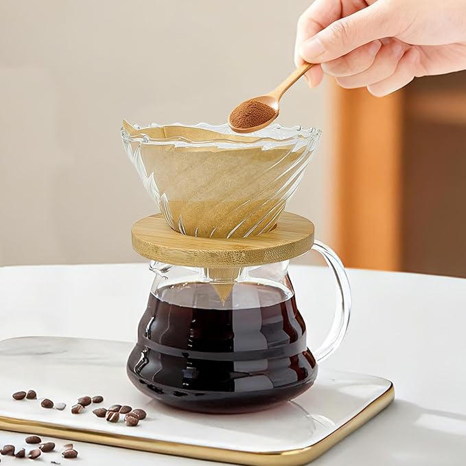 Gute Glass Coffee Dripper/Filter - Cone Glass Pour Over Coffee Dripper with Bamboo Stand & Handle, Size V02 Coffee Maker Funnel Accessories for Home, Office,1-4Cups